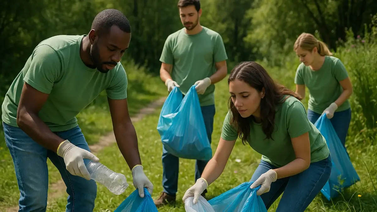 Sekelompok relawan lingkungan beraksi di taman dengan memungut sampah plastik ke dalam kantong biru, menggunakan sarung tangan putih untuk menjaga kebersihan alam.