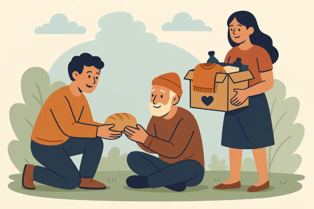 Ilustrasi aksi berbagi makanan dan kebutuhan pokok kepada lansia, menggambarkan praktik nyata dari tips berbagi dan peduli.