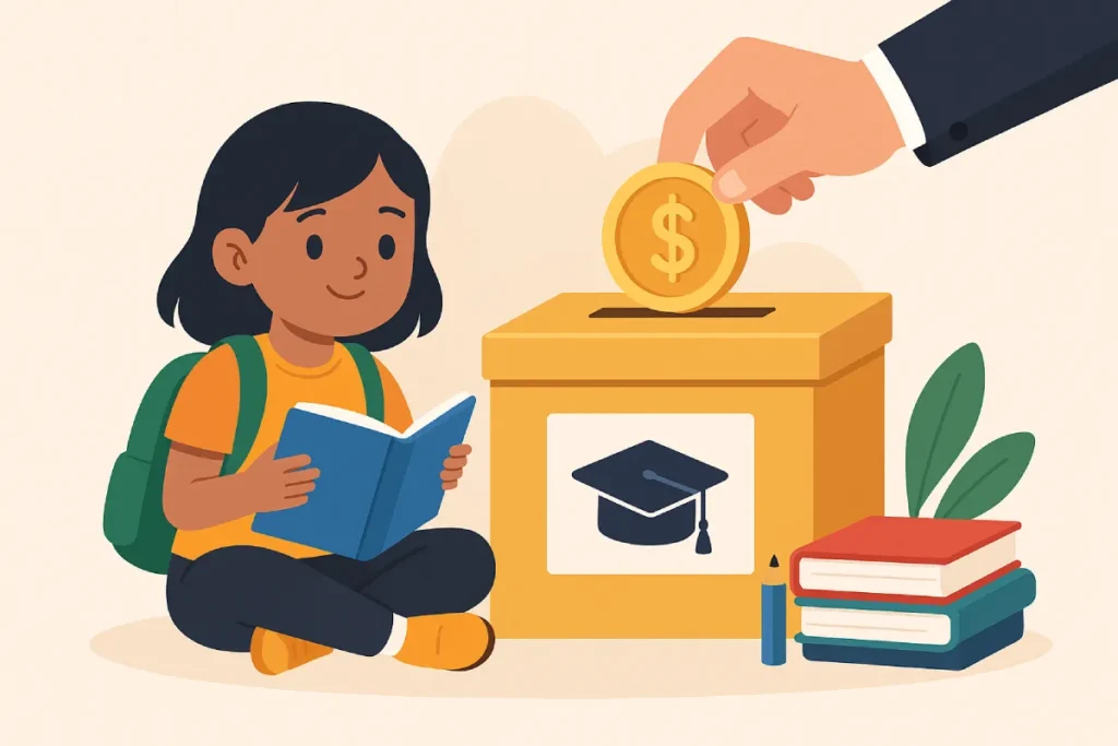 Seorang anak sedang membaca buku sambil seorang tangan memasukkan uang ke dalam kotak donasi bertuliskan "pendidikan," menunjukkan pentingnya donasi pendidikan anak untuk mendukung masa depan mereka.