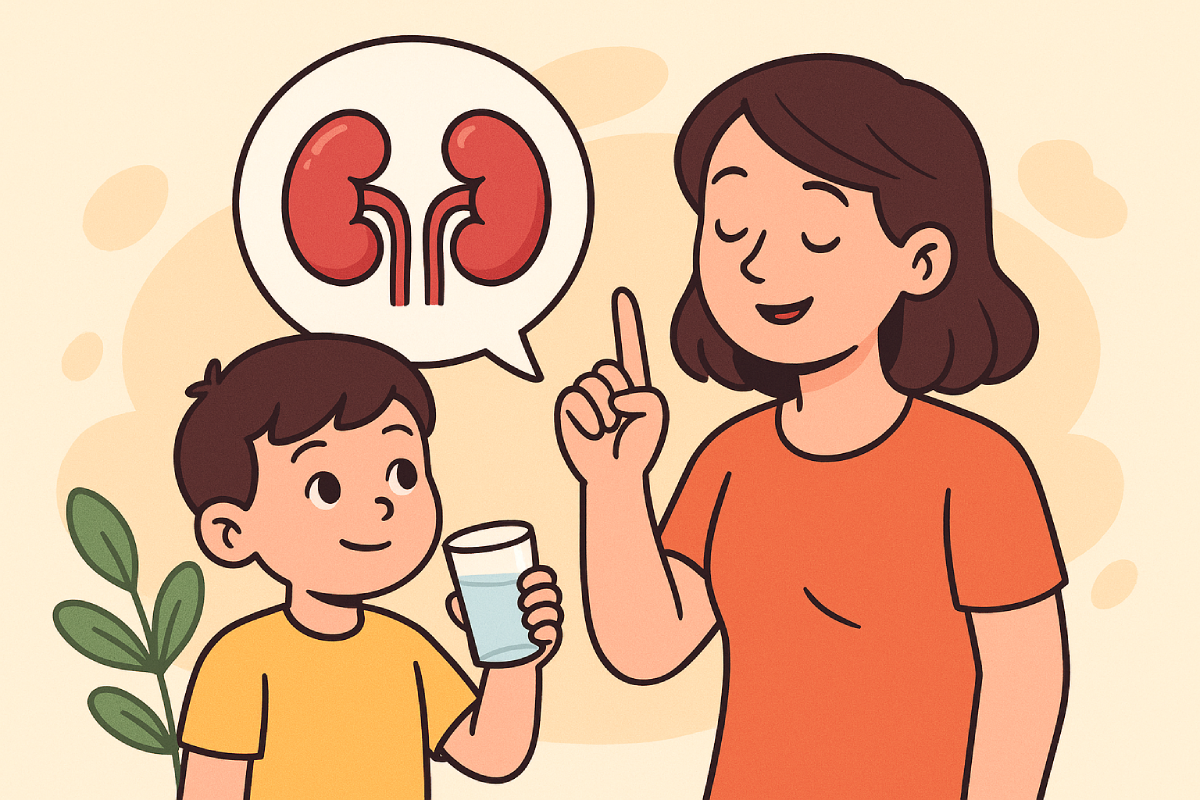 Seorang ibu sedang mengajarkan anak tentang ginjal sambil menunjukkan gambar organ, menggambarkan cara menjaga kesehatan ginjal untuk anak-anak.